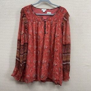 Sundance Paisley Boho Viscose Crinkle Semi Sheer Blouse Top Women Size XL Red/Or
